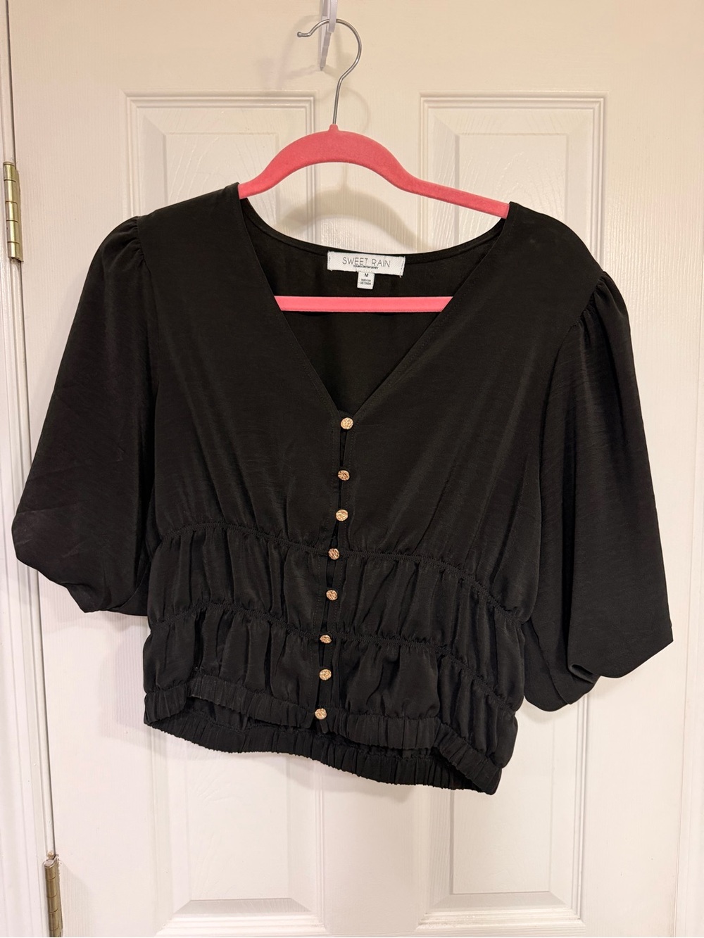 Sweet Rain Black Button-Front V-Neck Ruched Puff Sleeve Top cropped